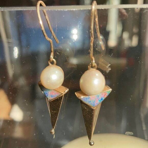 Vintage Gold Earrings Genuine 14K Gold Real Pearl Genuine Opal Artisan Earrings - Picture 16 of 16